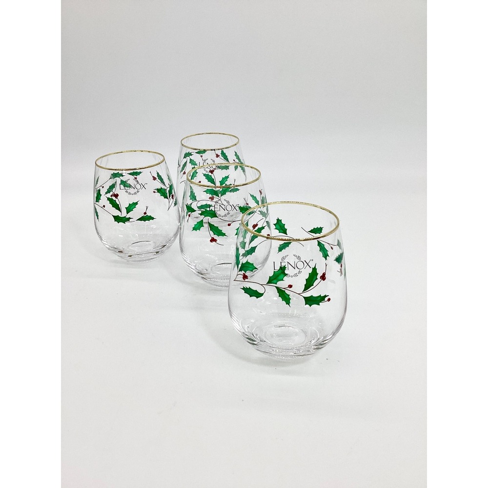 Lenox Christmas Wine Glasses, Set of 8: Gold Rim Holly Barware  (TBL) - Picture 5 of 11